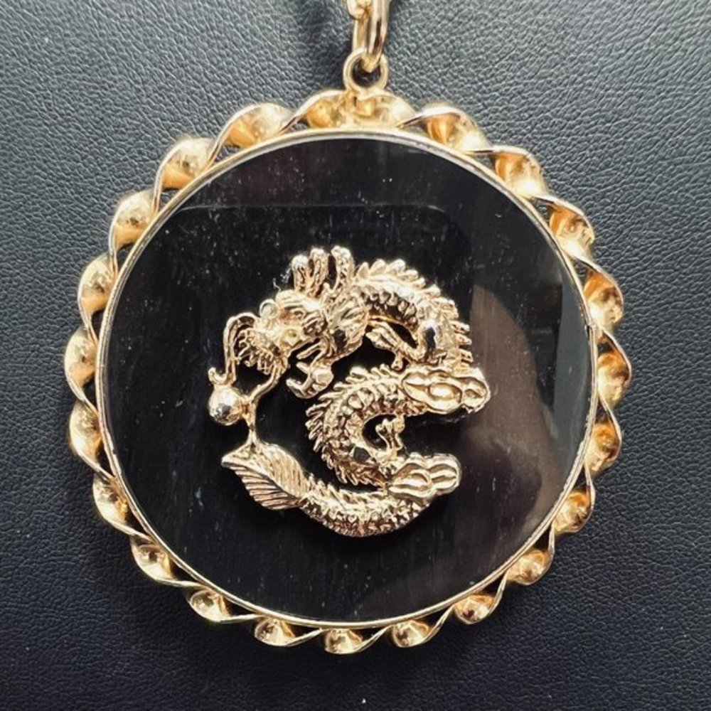 VINTAGE ONYX 14K GOLD PLATED DRAGON, 14K GOLD PLATED CHAIN
